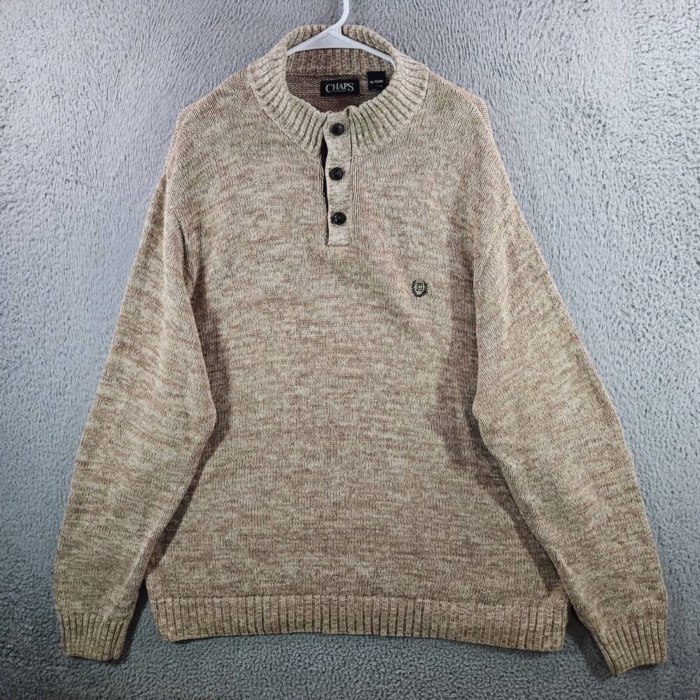 Chaps Mens XL Tan Marled Cotton Mock Neck Henley Sweater Elbow Patches Logo